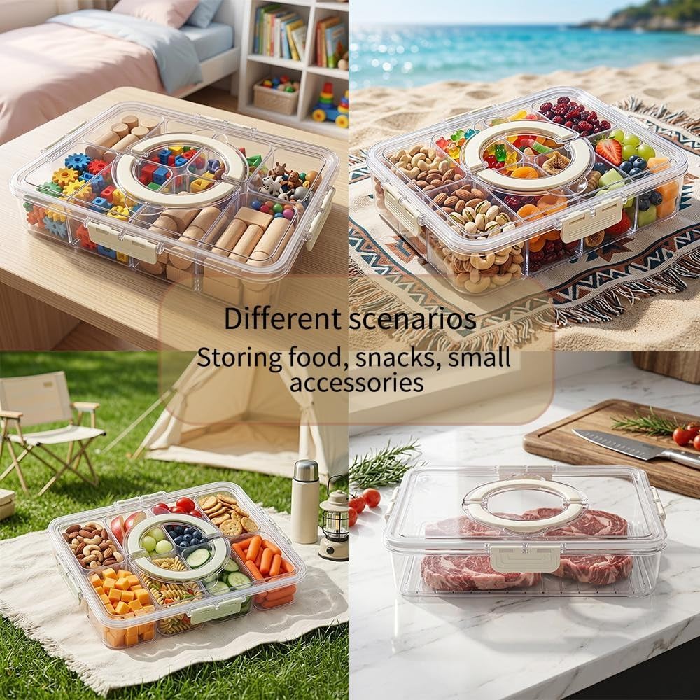 8 Compartments Divided Snackle Box Container with Lid & Handle,Portable Clear Serving Tray Platter for Fruit,Candy,Veggies,Snacks for Picnic,Travel,Beach,Entertaining