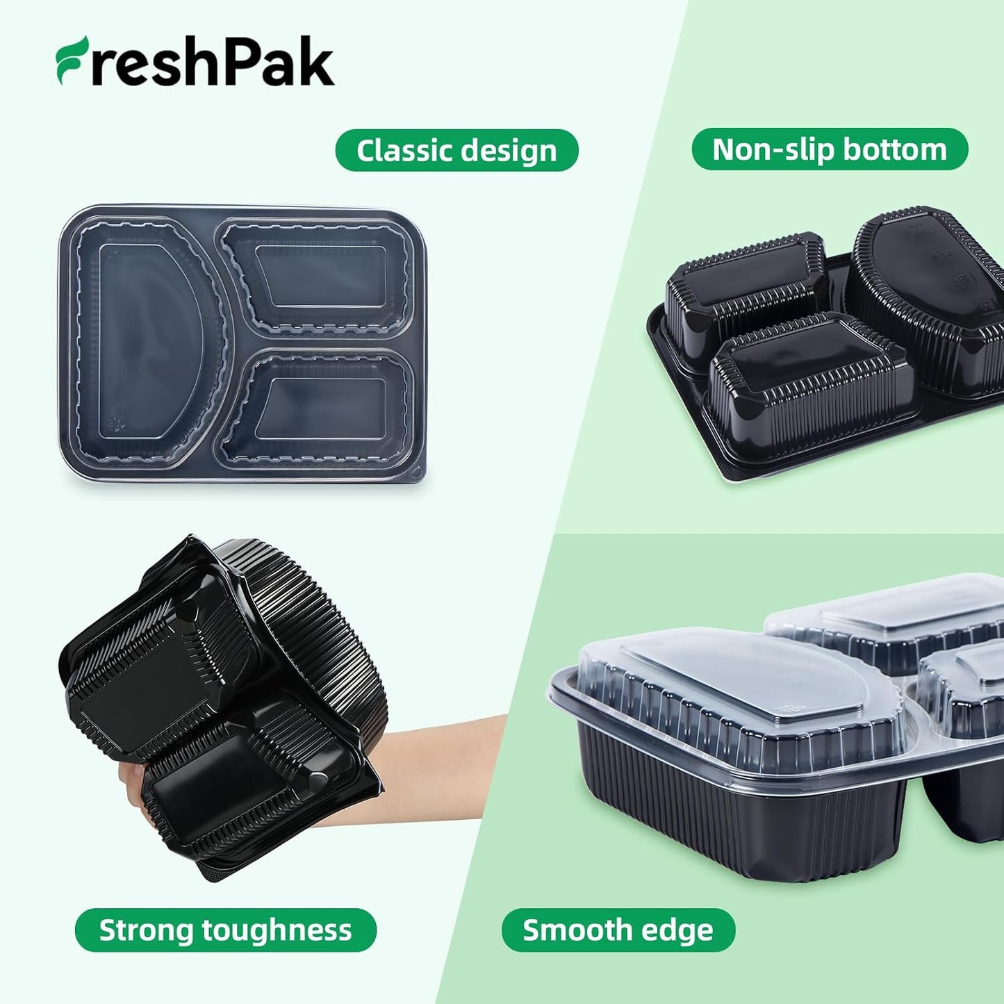 Meal Prep Container Reusable 40 Pack 34oz - Shrink Wrap Leakproof | Portion Control Leftover Plastic Food Containers with Lid | BPA Free Freezer & Microwave Safe | 4 Compartment Takeout Boxes