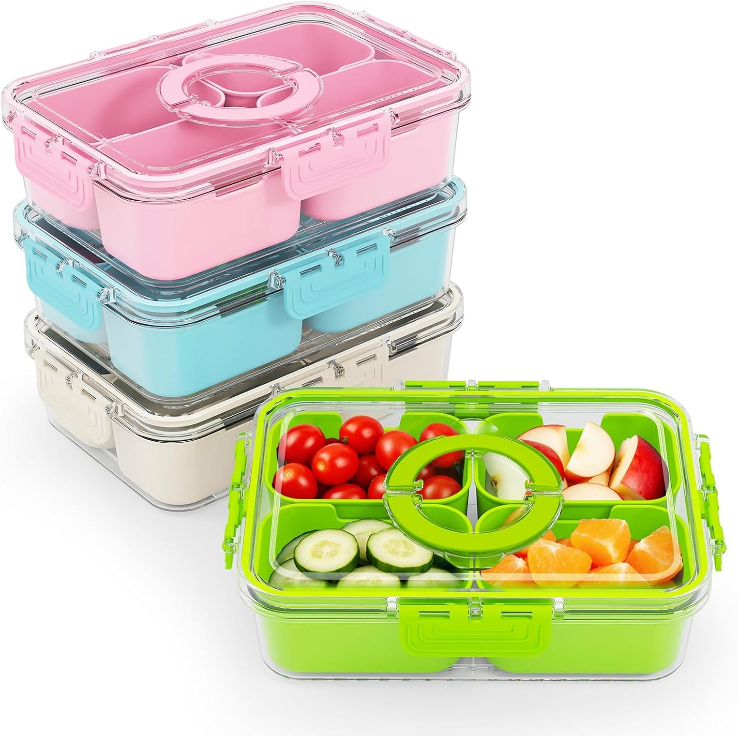 Small Snack Box Containers for Adults Men Women with 4 Compartments,Reusable Bento Box Adult Food Trays for Fruit,Charcuterie,Pink Lunch Box Divided Serving Tray with Lid and Handle for Work Travel