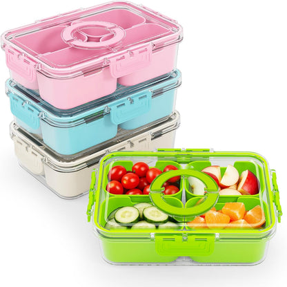 Small Snack Box Containers for Adults Men Women with 4 Compartments,Reusable Bento Box Adult Food Trays for Fruit,Charcuterie,Pink Lunch Box Divided Serving Tray with Lid and Handle for Work Travel