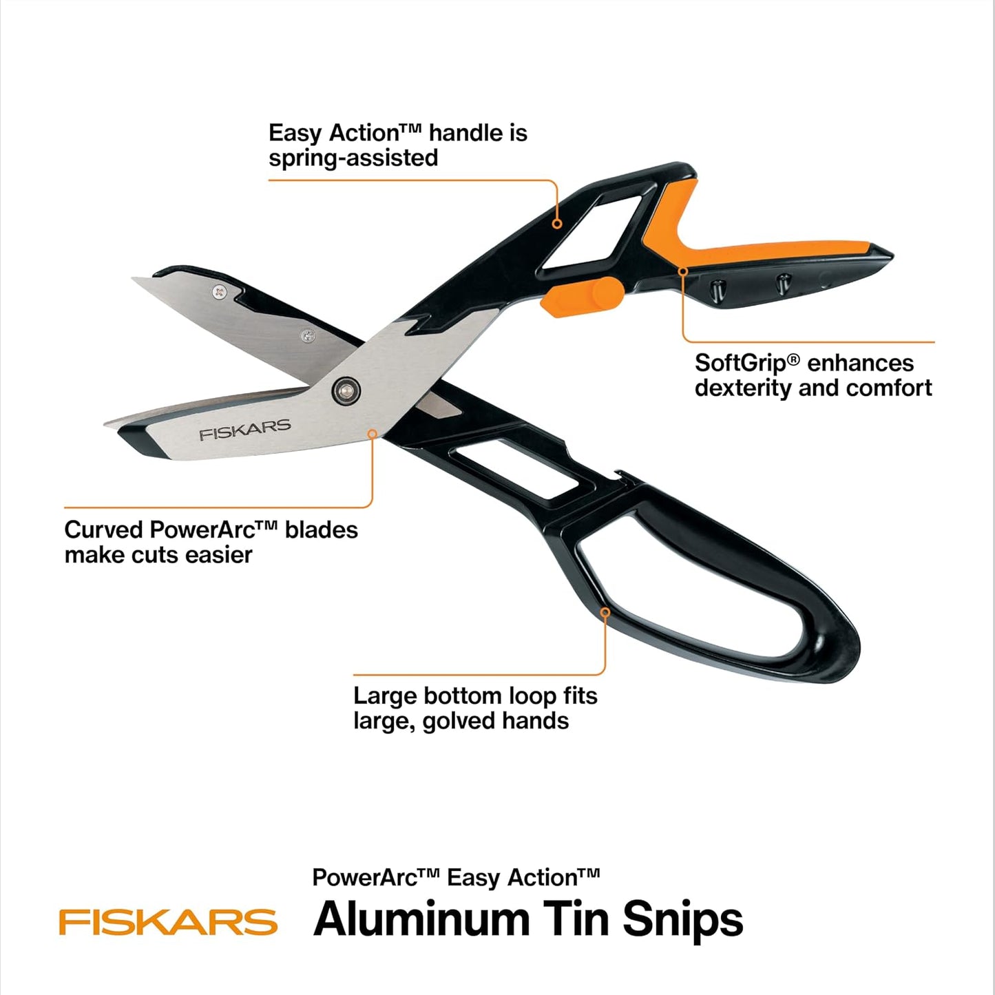 Fiskars Pro PowerArc Shop Shears, Heavy Duty Stainless Steel Scissor, Industrial Grade Tool for Building and Construction, 10 in, Orange/Black