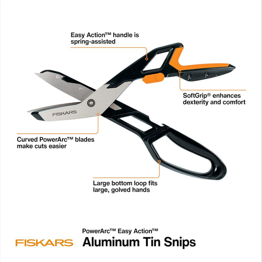 Fiskars Pro PowerArc Shop Shears, Heavy Duty Stainless Steel Scissor, Industrial Grade Tool for Building and Construction, 10 in, Orange/Black