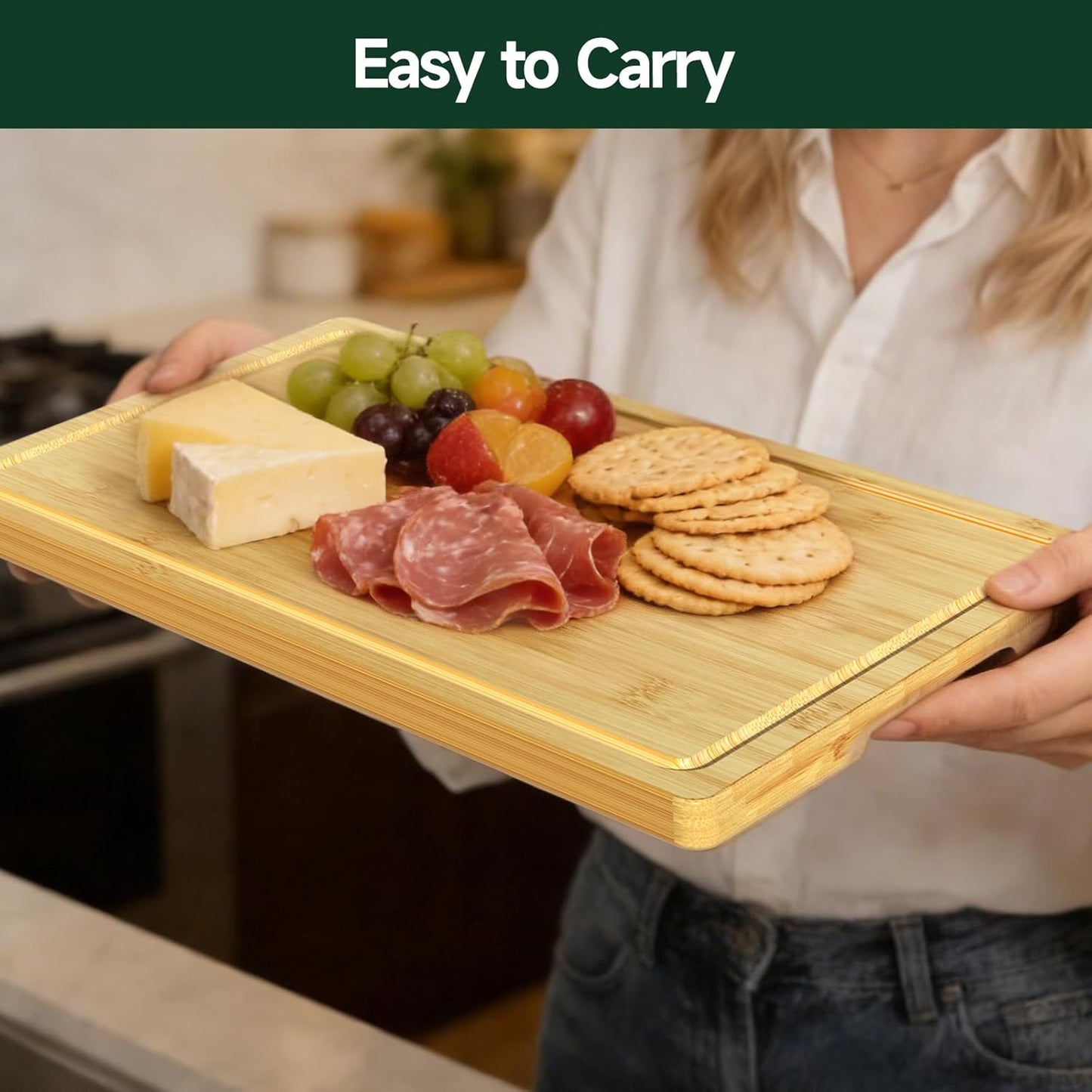 3-Piece Set Bamboo Cutting Board for Kitchen - Crack-Resistant Wood Chopping Boards with Deep Juice Grooves, Pre-Oiled Butcher Block for Meat, Vegetables & Cheese, Carbonized