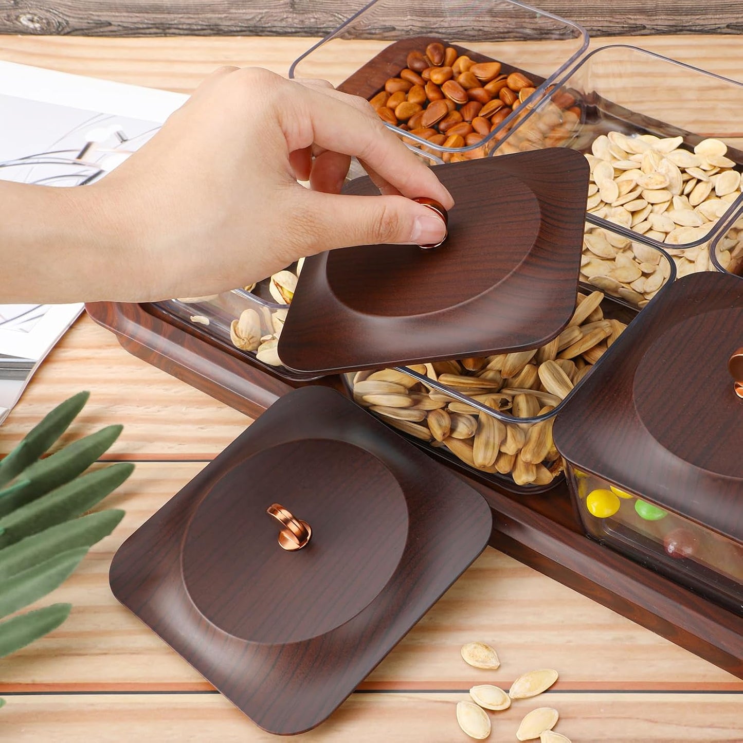 Serving Set: Plastic Imitated Wood Serving Tray & 4 Snack Boxes with Lid, Ideal for Home, Party & Birthday