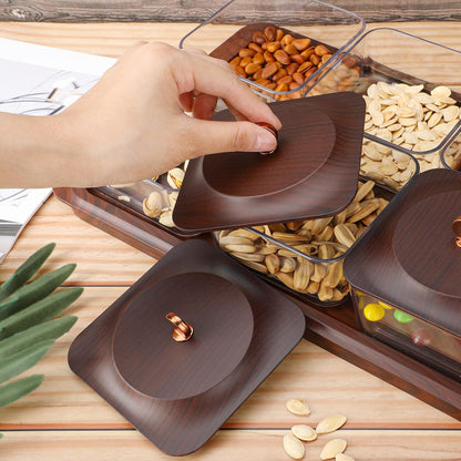 Serving Set: Plastic Imitated Wood Serving Tray & 4 Snack Boxes with Lid, Ideal for Home, Party & Birthday