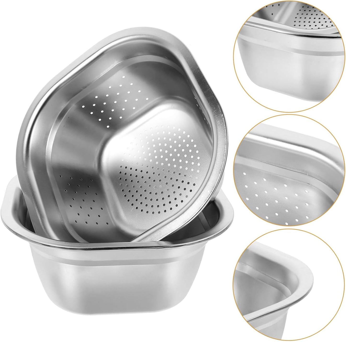 Zerodeko Stainless Steel Colander Bowl Set Square Kitchen Sink Metal Storage Basket Large Capacity Fruit Vegetables Washing Basin Rice Strainer Washer 22cm