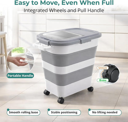 Home & Hearthly Collapsible Rice Storage Container 25–35 lbs, Airtight, Space-Saving Food Storage Bin with Wheels and Measuring Cup, Easy-Pour Grain Dispenser for Rice, Flour and Pet Food