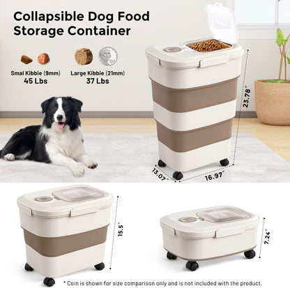 ZOMISIA 40-50lbs Dog Food Storage Container, Large Capacity Collapsible Airtight Pet Food Storage Containers with Rolling Wheels, Transparent Lid, Scoop and Date Track, Brown