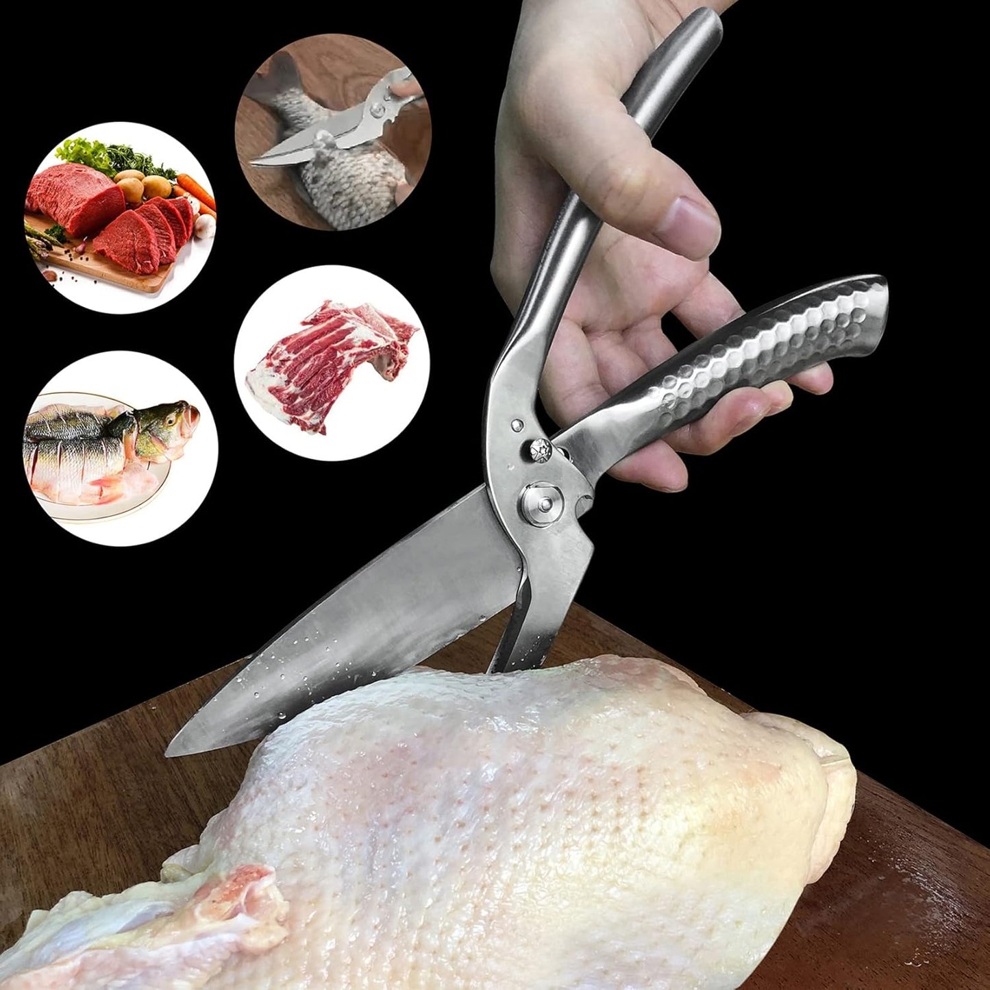 SGNEKOO All Stainless Steel Kitchen Scissors, Heavy Duty Stainless Steel All Purpose Kitchen Shears, Removable Utility Scissors for Food, Meat, Herbs, Poultry（Silver）