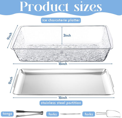 Baderke 1 Set 16" x 9" Chilled Serving Tray for Parties with Compartments and Lid Charcuterie Serving Board Ice Rectangle Chilled Party Platter for Seafood Vegetable Fruit Shrimp Cocktail (Silver)