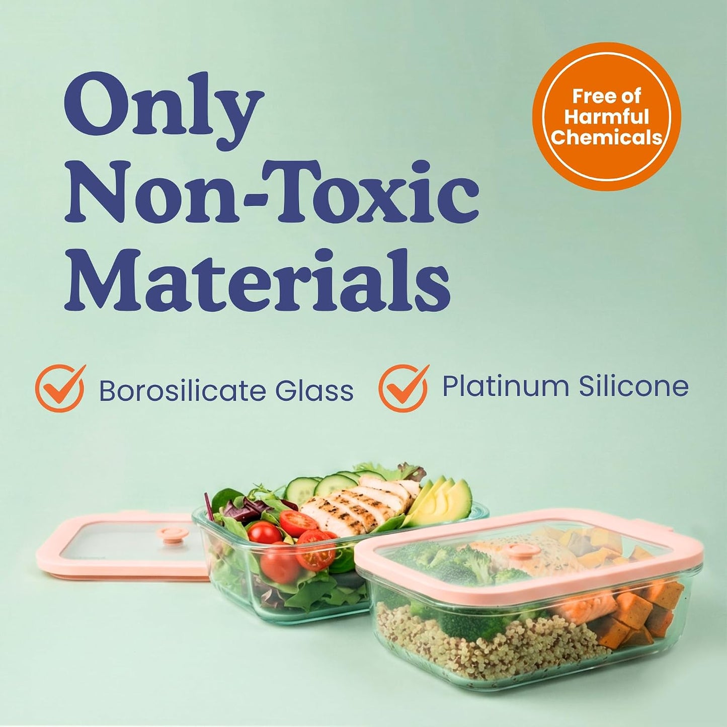 Ziruma Non-Toxic Glass Food Containers with Lids, 4-Pack, 35 oz, Beige | Plastic & BPA free. Glass body, glass lid & platinum silicone seal. Airtight & leakproof. Freezer & microwave safe.