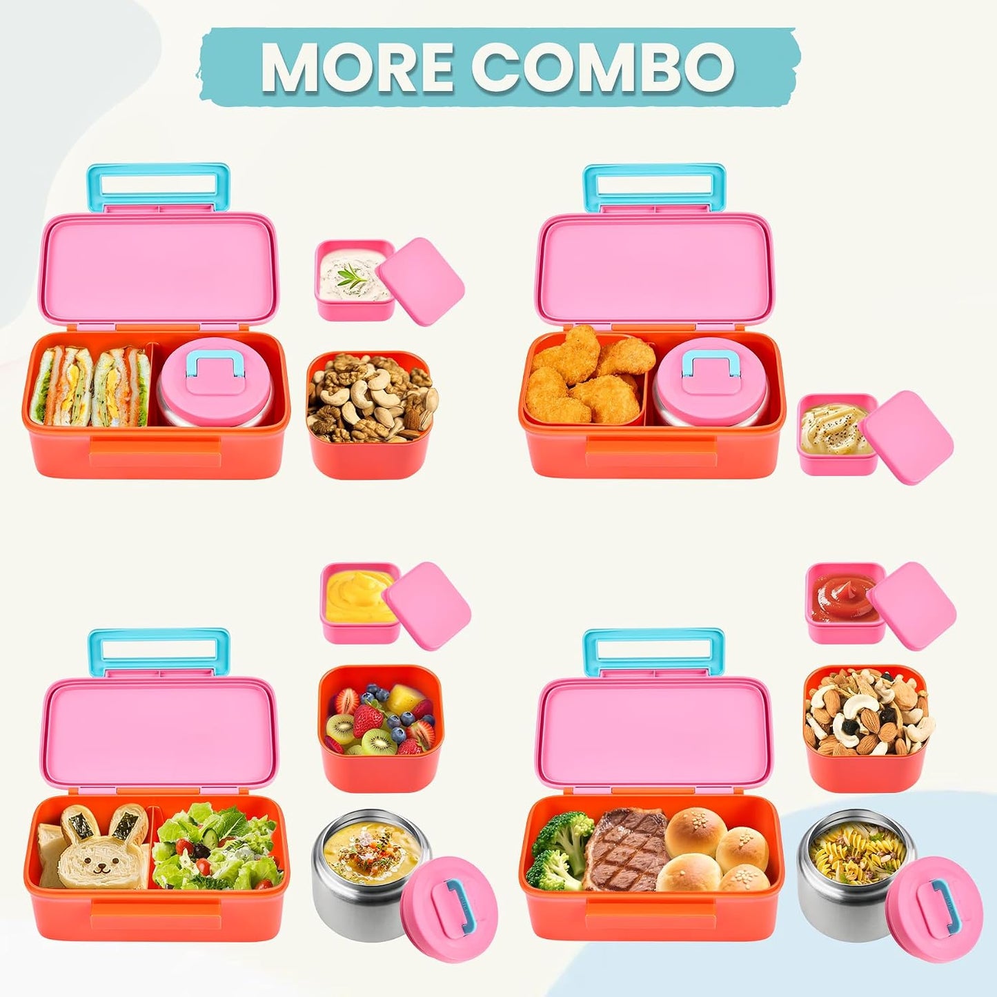 PIQUEBAR Kids Lunch Box with 8oz Thermo, Leakproof Bento Box with Insulated Bag, Kids Insulated Water Bottle with Straw, Food Lunch Container for Back to School Girls, Pink