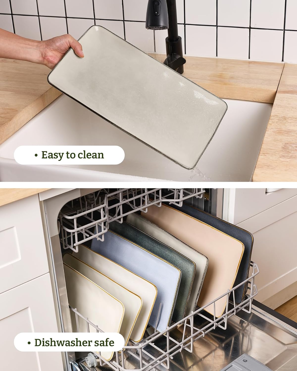 Famiware Serving Platter, Rectangular 15.67/14.1/12.6inch Serving Dishes for Entertaining, Microwave Dishwasher Safe, Stoneware Serving Trays for Party, Turkey, Cheese, Ocean Series, Cappuccino White