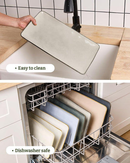 Famiware Serving Platter, Rectangular 15.67/14.1/12.6inch Serving Dishes for Entertaining, Microwave Dishwasher Safe, Stoneware Serving Trays for Party, Turkey, Cheese, Ocean Series, Cappuccino White