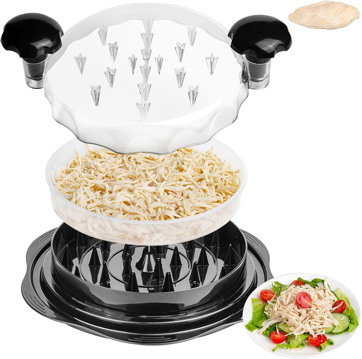 Upgrade Chicken Shredder, Chicken Breast Shredding Tool Twist Large, Meat Twister with Separate Plate, Non-Slip Bottom, Ergonomic Handle, Suitable for all kinds of Cooked Meat and Salad, Black