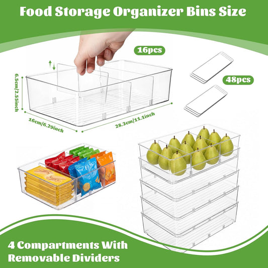 Mifoci 16 Pcs Snack Pantry Organizer and Storage, Clear Plastic Storage Bins with 3 Divider for Kitchen Fridge Shelf Cabinet, Stackable 4 Compartment Container for Pouch, Spice Packet, Snack Organizer
