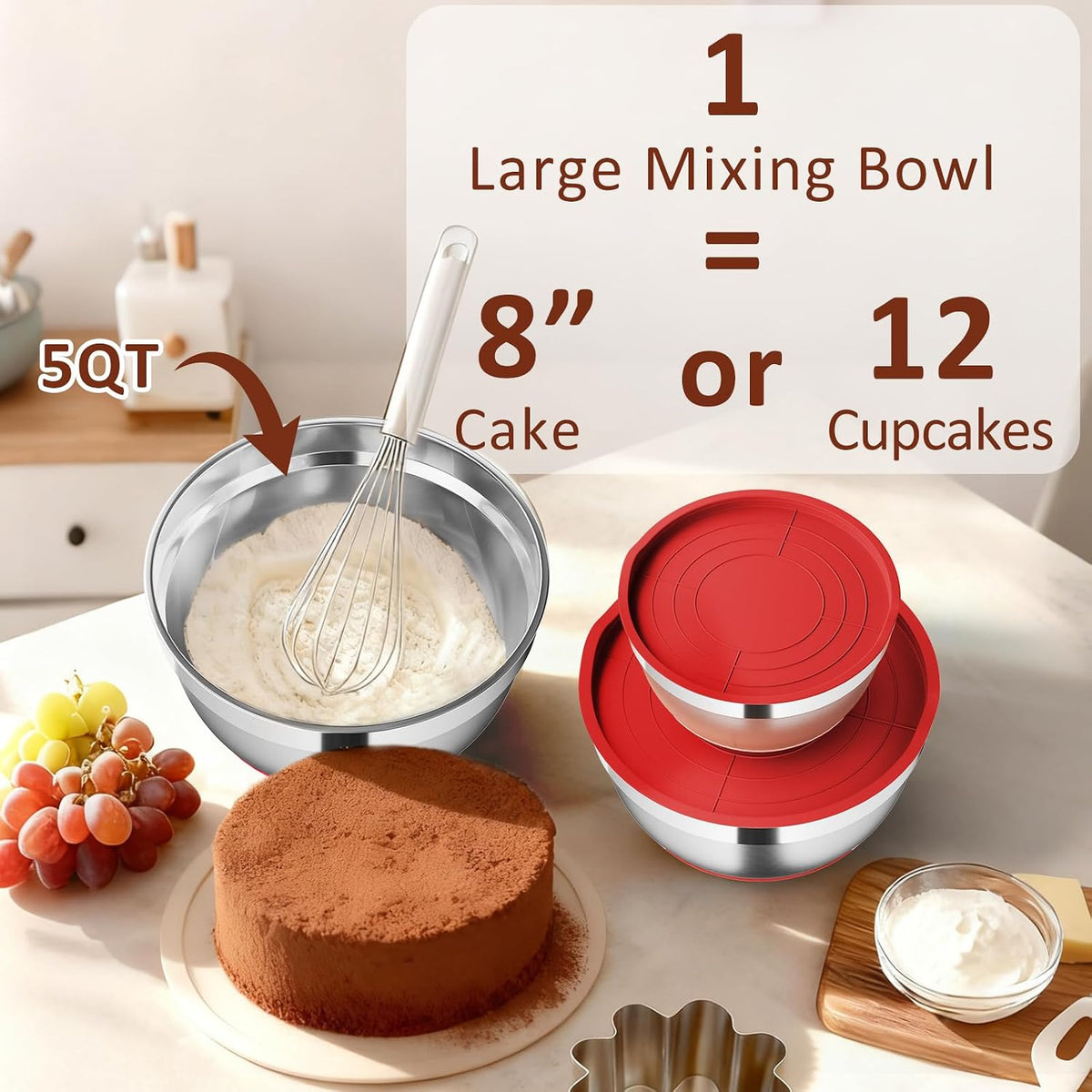 9 Pack Mixing Bowls with Airtight Lids & Grater Attachments, Khaki