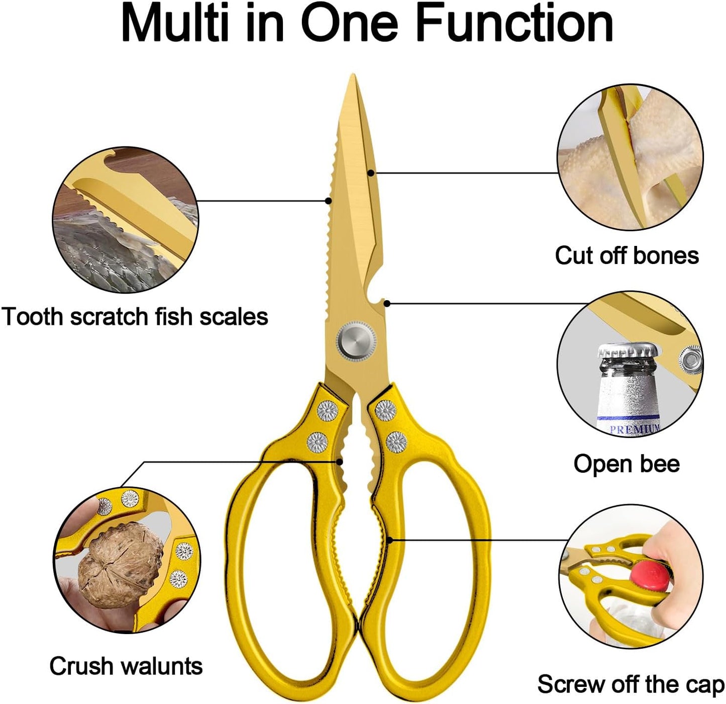 CGBE Kitchen Scissors, Multi-Purpose Kitchen Shears, Heavy Duty Dishwasher Safe Food Scissors for Chicken, Poultry, Fish, Meat & Herbs with Non-Slip Grips - Sliver