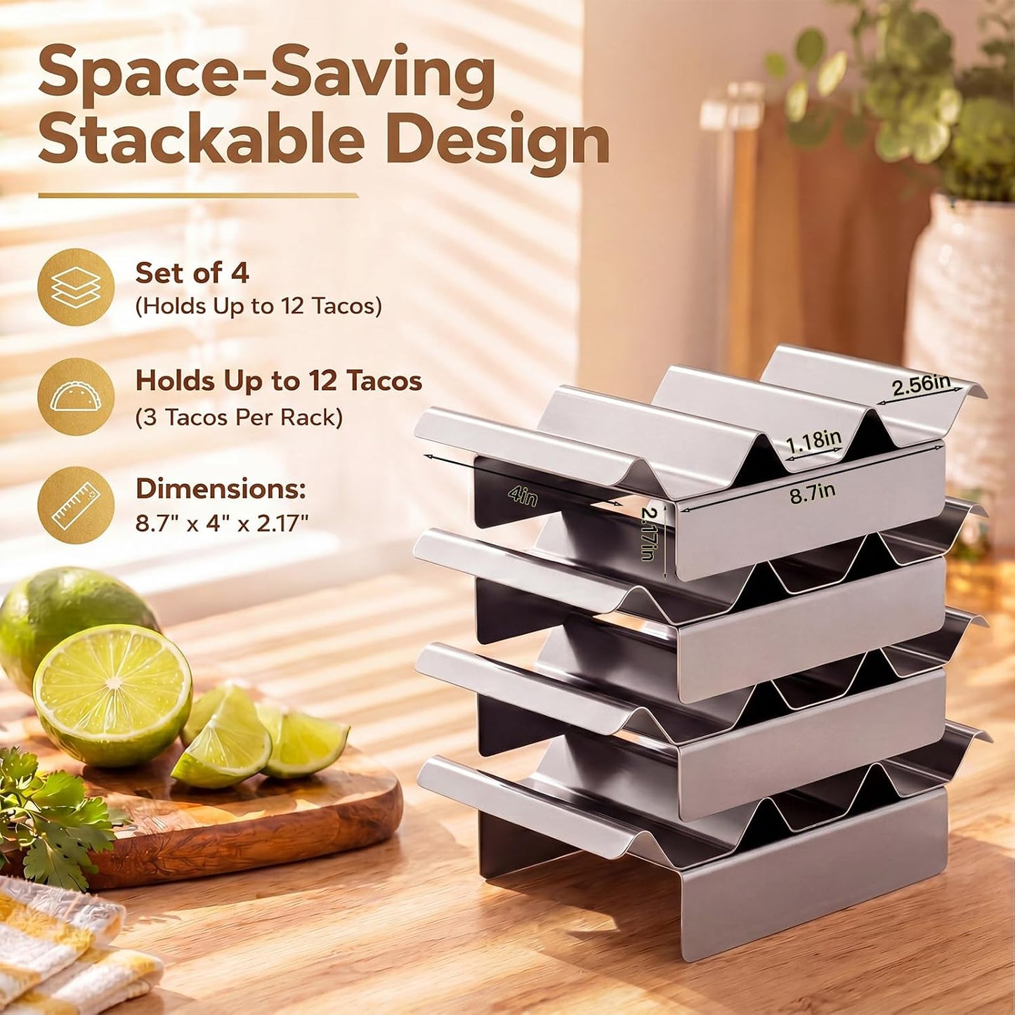 Potchen 4 Pcs 304 Stainless Taco Holder Bar with Base Taco Stands for 3 Tacos Metal Trays Easy to Clean, Dishwasher Safe, Hot Dog Prep Tray
