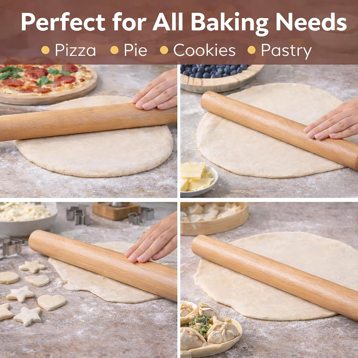 17 Inch French Rolling Pin, Wooden Dough Roller for Baking, Solid Wood Tapered Rolling Pin for Pizza, Pie Crust, Cookies, Pastry, Non-Stick, Easy Control Kitchen Baking Tool, Beech Wood
