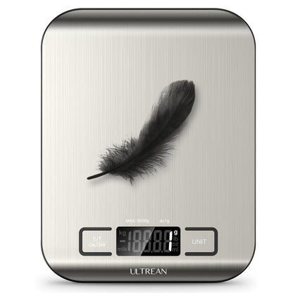 Ultrean Food Scale, Digital Kitchen Scale with LCD Display, Weight Grams and Ounces for Baking Cooking and Meal Prep, 6 Units with Tare Function, 304 Stainless Steel, 11lb (Batteries Included)