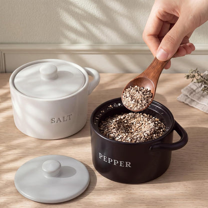 Honeydak Speckled Ceramic Salt Cellar with Lid and Wooden Spoon, Rustic Farmhouse Salt Pepper Cellar Holder for Mothers Day, Housewarming Gift, Heavyweight Spices Jar (Green)