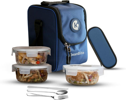 Insulated Lunch Bag with 3 Airtight & Leakproof Glass Containers, Fork & Knife Set | Food Storage Container for Office & Travel | Dishwasher & Microwave Safe (only for adults)