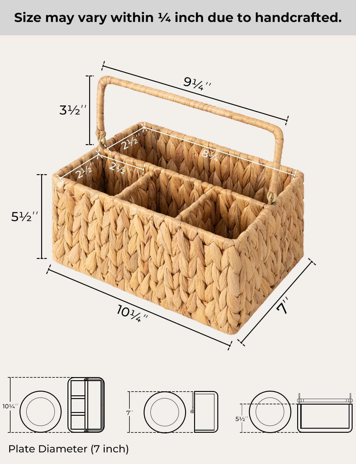 StorageWorks Wicker Silverware Organizer with Handle, Seagrass Kitchen Utensil Holder, Large Utensil Holder for Kitchen Counter, Spoon Forks Knife Cutlery Caddy, Paper Plate Dispenser for Countertop