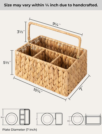 StorageWorks Wicker Silverware Organizer with Handle, Seagrass Kitchen Utensil Holder, Large Utensil Holder for Kitchen Counter, Spoon Forks Knife Cutlery Caddy, Paper Plate Dispenser for Countertop