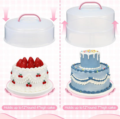 Teenyyou 12 Inch Large Cake Carrier with Lid and Handle for 12" Round 7" High Cake Adjustable Plastic Pies Carrier Portable Cupcakes Transport Container for Cookies Pizza and More(Pink)