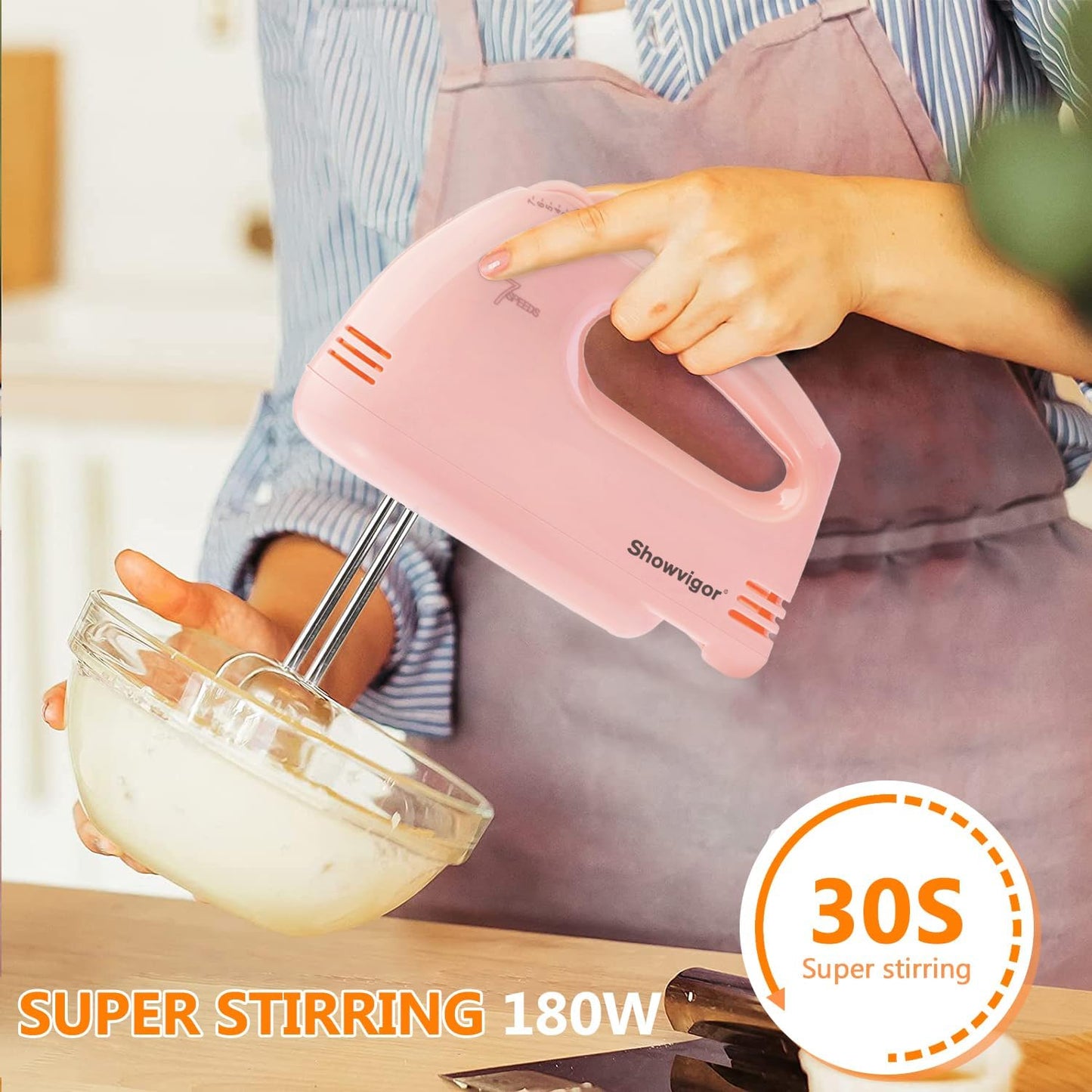 Showvigor Electric Hand Mixer with Stainless Steel Mixing Bowl Set –7 Speeds Turbo-Boost Hand Mixer with Large Mixing Bowls, Measuring Cups, Spoons & Spatula for Kitchen Cakes Eggs Baking(Pink)
