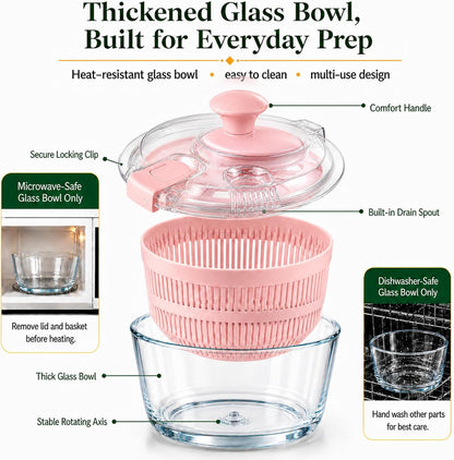 Glass Salad Spinner 3.2 Qt, Small Salad Spinner with Glass Bowl Removable Lid for Easy Cleaning Dishwasher Safe Glass Bowl Vegetable and Fruit Washer Dryer with Drain Spout Crank Handle White