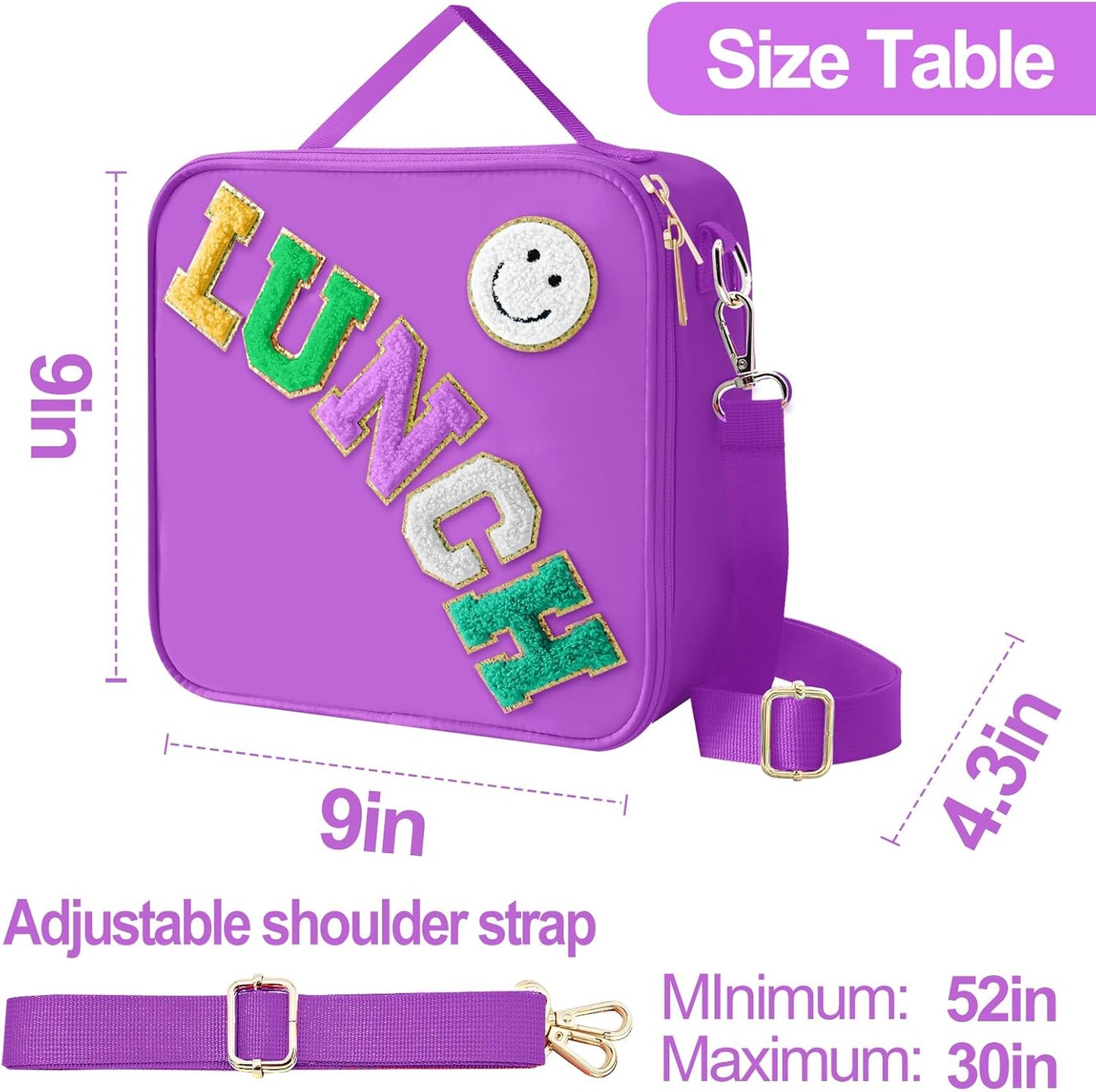 Insulated Lunch Bag With Adjustable Shoulder Strap, Nylon Preppy Lunch Box Large Insulated Lunch Bag Reusable Lunch Tote Bag with Smiley Preppy LunchBag for Girls School Travel Picnic (Green)