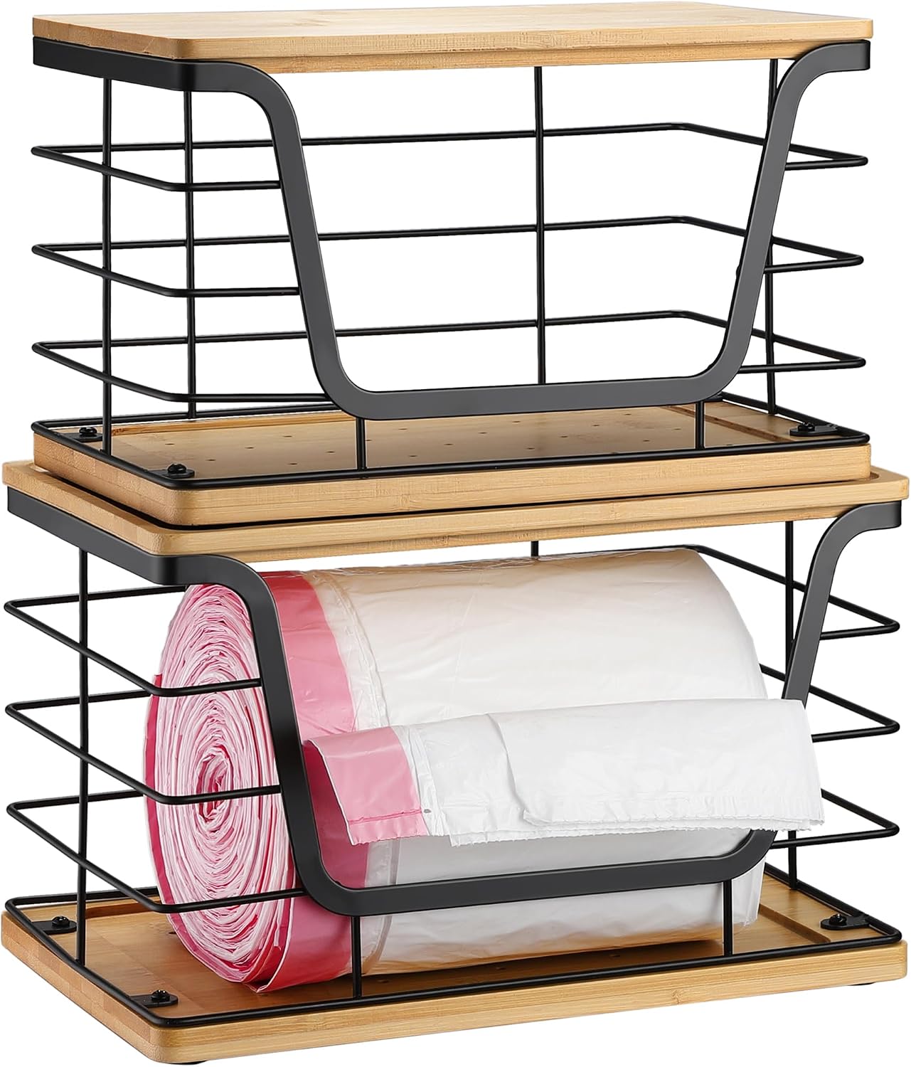ALOCEO 2 Pack Stackable Wire Storage Basket with Bamboo Lid, Trash Bag Dispenser Under Sink for 4-13 Gal Bags, Kitchen Storage Bins for Potato and Onion, Brown