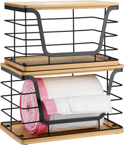 ALOCEO 2 Pack Stackable Wire Storage Basket with Bamboo Lid, Trash Bag Dispenser Under Sink for 4-13 Gal Bags, Kitchen Storage Bins for Potato and Onion, Brown