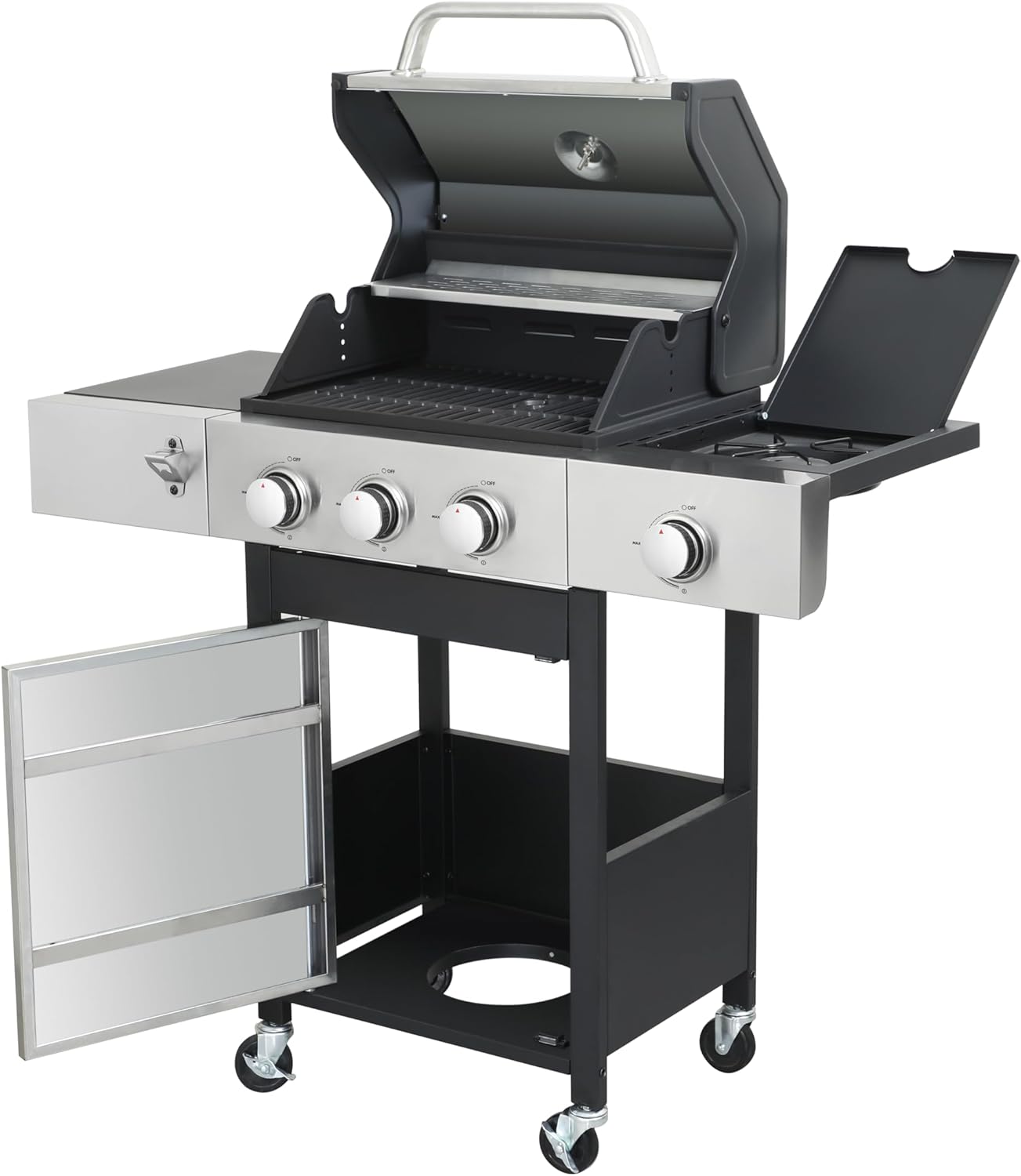 3-Burner Propane Gas Grill, 30,000 BTU Stainless Steel Outdoor BBQ Grill with Lid, Side Shelves & Wheels for Patio, Garden and Backyard Cooking
