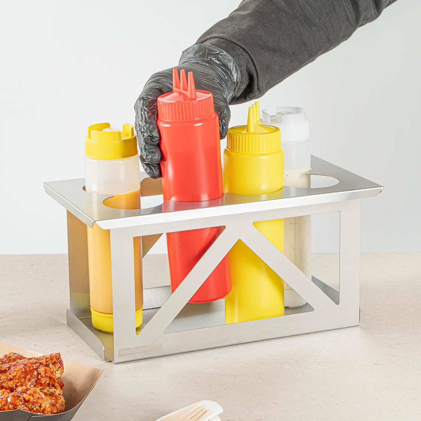 Restaurantware Stainless Steel Bottle Organizer - 1 Count - 6.299 x 7.087 x 0.394 Inches - Dishwasher-Friendly Condiment Holder - Kitchen Bottle Rack - Space-Saving Design - Silver