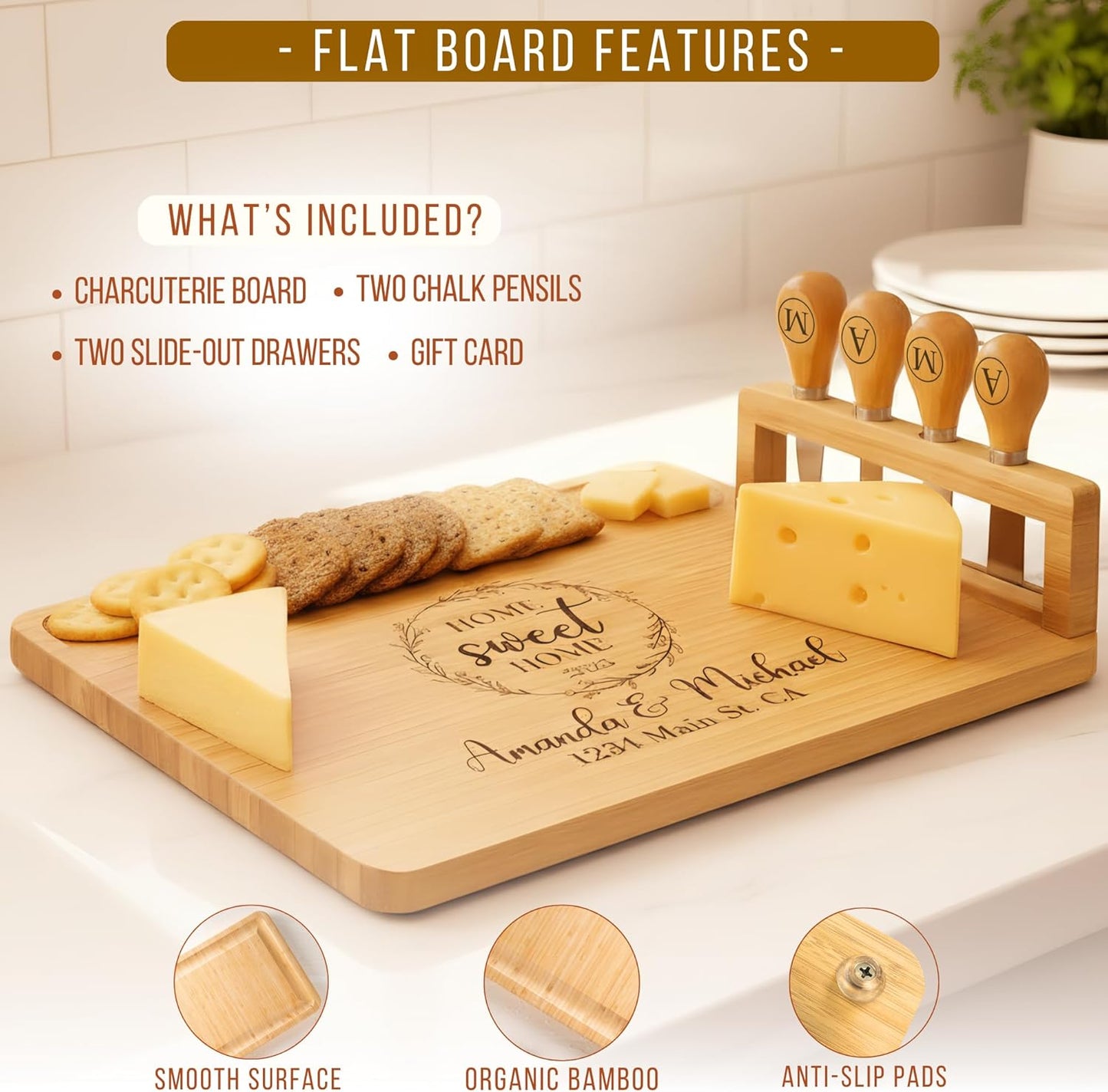 Personalized Bamboo Charcuterie Board Set with Accessories – Custom Large Serving Tray with Knives for Wedding, Anniversary, Bridal Shower, Women, Housewarming, Engagement, Couples, Mother’s Day Gifts