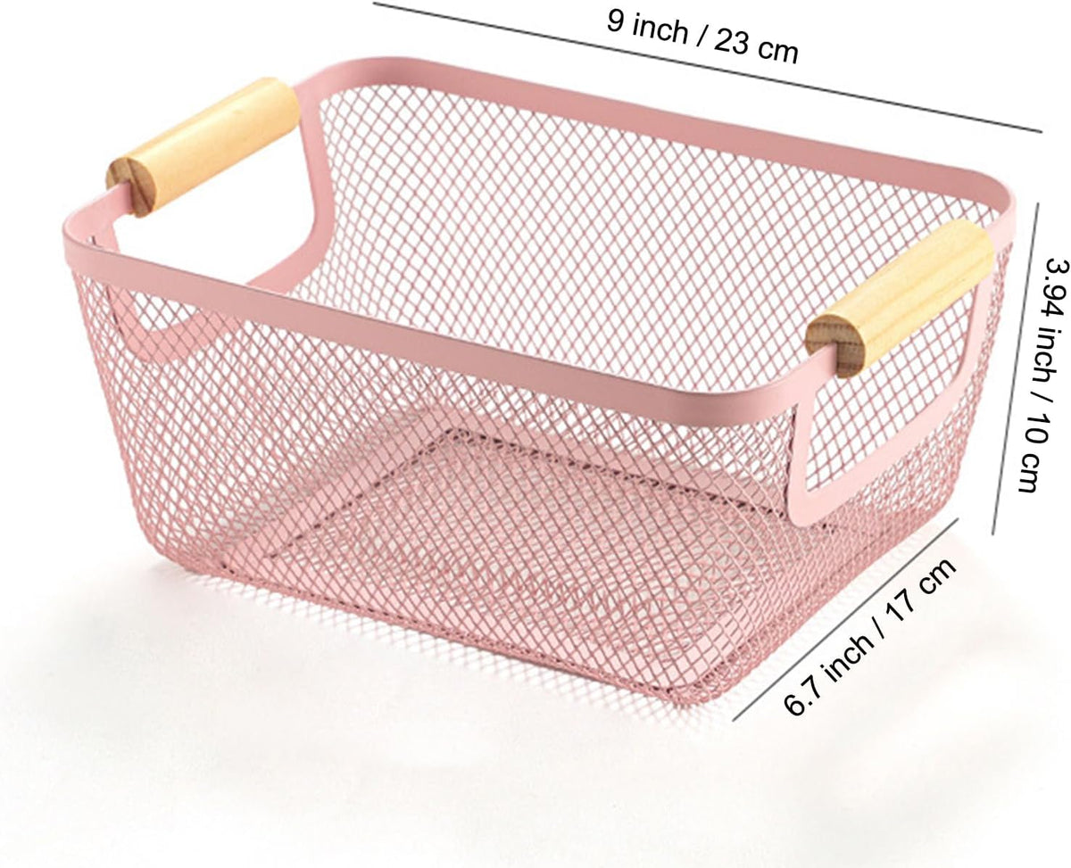 AJIODA Metal Mesh Steel Basket, Large Wire Storage Organizer Basket Multi-function Hanging Kitchen Baskets with Wood Handle for Kitchen Bathroom Picnic Home, Rectangle-Off White