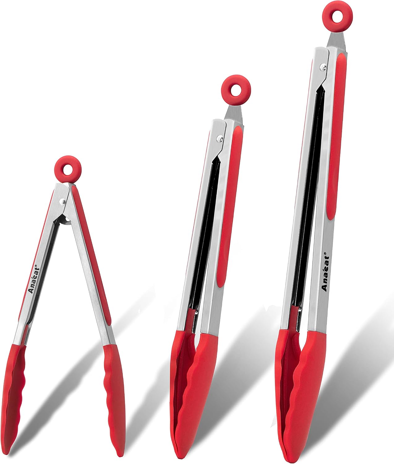Anaeat Premium Kitchen Locking Tong Set of 3 - Heavy Duty Stainless Steel Food Tongs with Long Handle & Non-Slip Silicone Grip for Cooking, Baking, Grilling - Heat Resistant up to 480°F