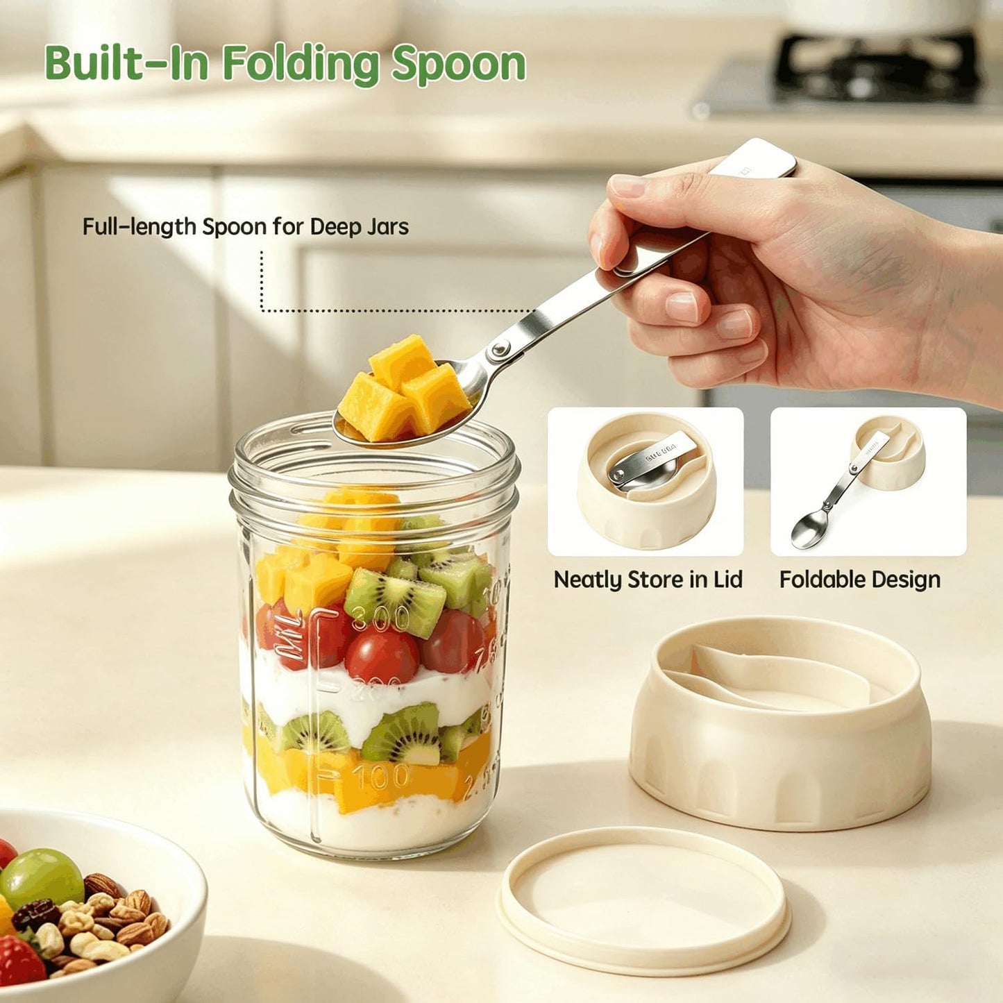Overnight Oats Containers with Lids and Spoons - 4 Pack 16 oz Glass Mason Jars with Separate Compartments Airtight Overnight Oat Jars Leakproof Yogurt Parfait Cup for Oatmeal Chia Pudding Cereal Salad