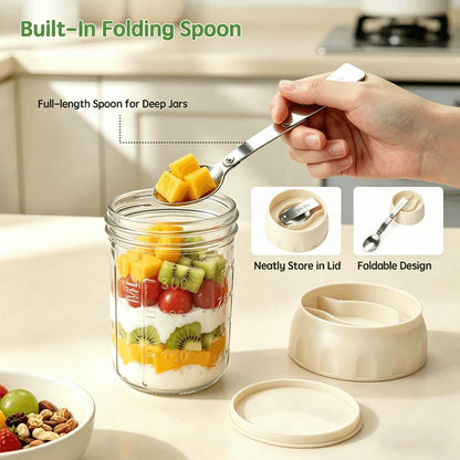 Overnight Oats Containers with Lids and Spoons - 4 Pack 16 oz Glass Mason Jars with Separate Compartments Airtight Overnight Oat Jars Leakproof Yogurt Parfait Cup for Oatmeal Chia Pudding Cereal Salad