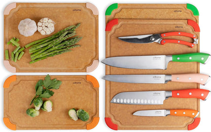 Elihome Cutting Wise 4pcs Kitchen Cutting Board Set, Non Slip Feet, Color Coded with Food Icon, Natural Wood Fiber, Dishwasher Safe, Eco-Friendly, Juice Grooves,Non Porous, BPA Free, Made in USA