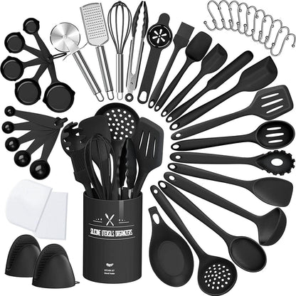 Silicone Kitchen cooking Utensils Set, AIKKIL 43 Pcs Heat Resistant Khaki Cooking Utensils Set, Turner, Tongs, Spoon, Spatula, Kitchen Gadgets Tools Set For Nonstick Cookware(Dishwasher, BPA Free)