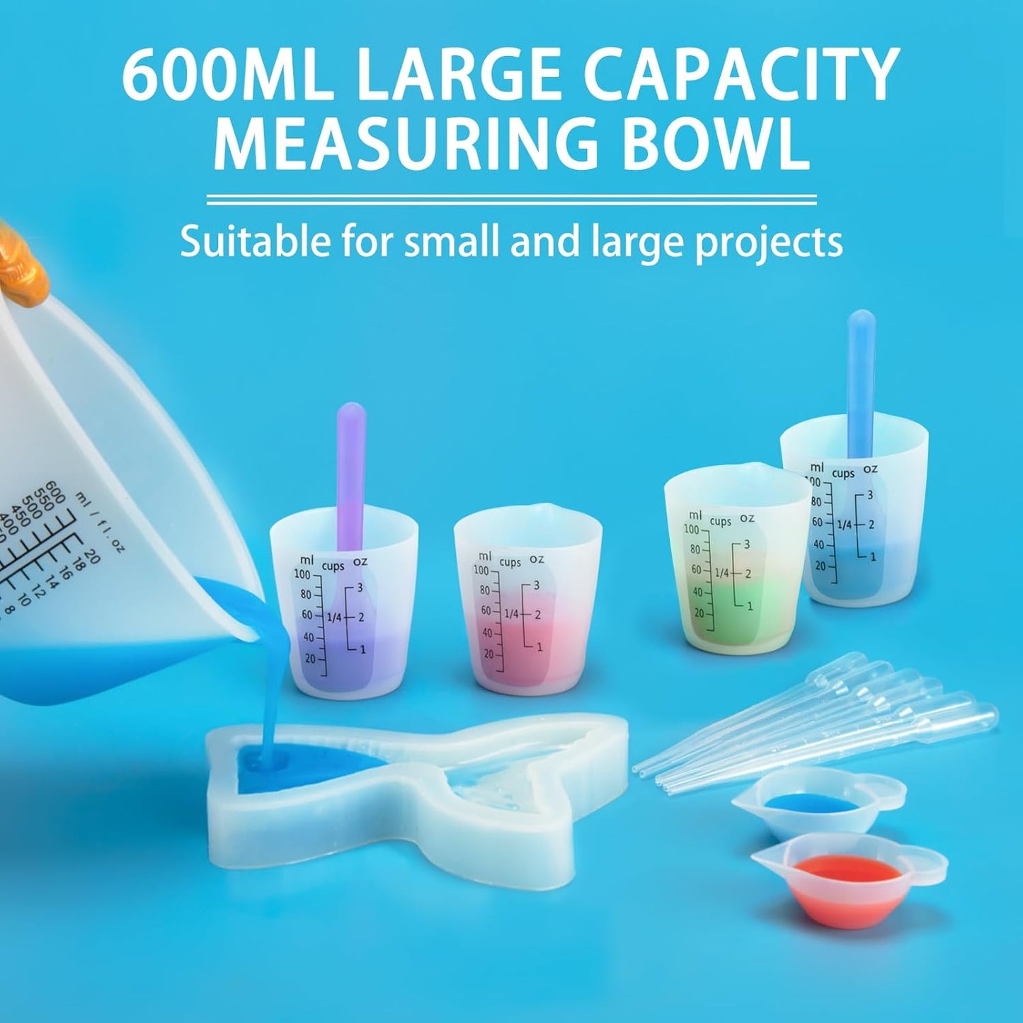 Creahaus Silicone Measuring Cups Tool Kit for Resin, Non-Stick 250 & 100ml Epoxy Mixing Cups, Reusable Resin Supplies with Silicone Mat, Stir Sticks, Pipettes, Cups for Molds, Jewelry Making