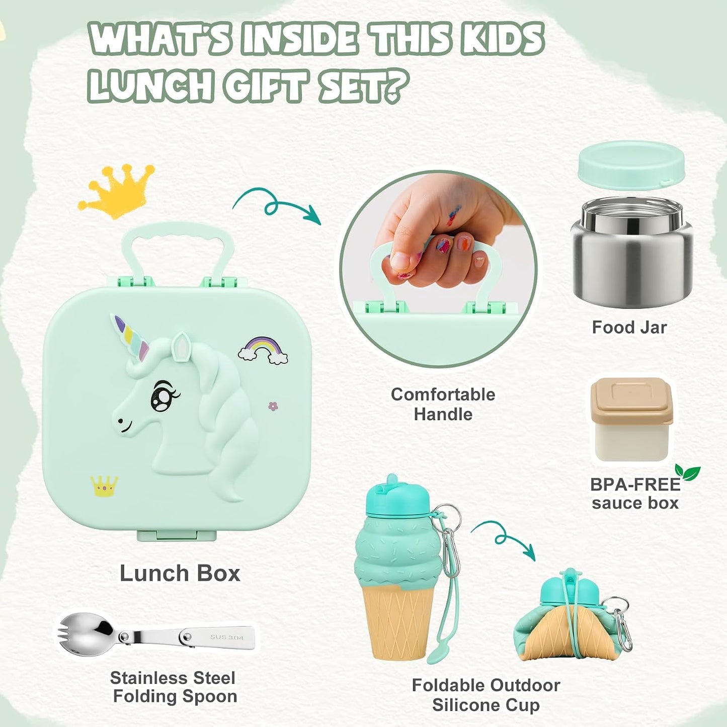 Aimsnk Magical Dinosaur Kids Lunch Box Set -12oz Insulated Food Jar, Leakproof Lunch Food Containers Cutlery, Leak-Proof Sauce Cup & Spoon, Gradient Green+Jar Green