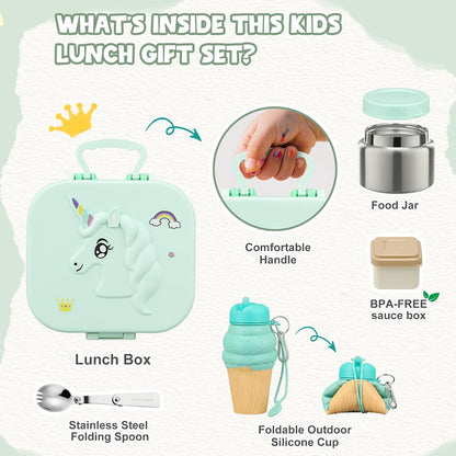 Aimsnk Magical Dinosaur Kids Lunch Box Set -12oz Insulated Food Jar, Leakproof Lunch Food Containers Cutlery, Leak-Proof Sauce Cup & Spoon, Gradient Green+Jar Green
