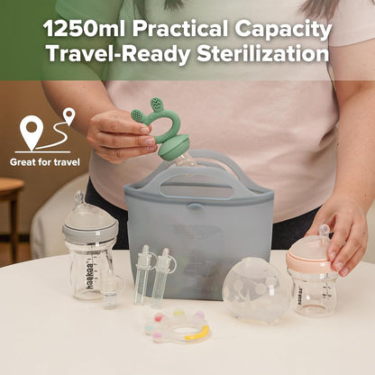 Haakaa Silicone Microwave Steamer & Steriliser Bag, 70oz/2000ml Large Capacity Reusable Steaming Bags for Baby Bottles, Breast Pump, Accessories, Pacifiers,Teethers, Great for Home&On The Go, Grey/1PC