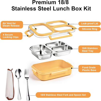 25oz 18/8 Stainless Steel Lunch Box Kit (Bento Box + Fork/Spoon) - 3 Leakproof Compartments - Metal Snack Box for Kids & Adults - School/Office/Travel - Dishwasher Safe (Beige)