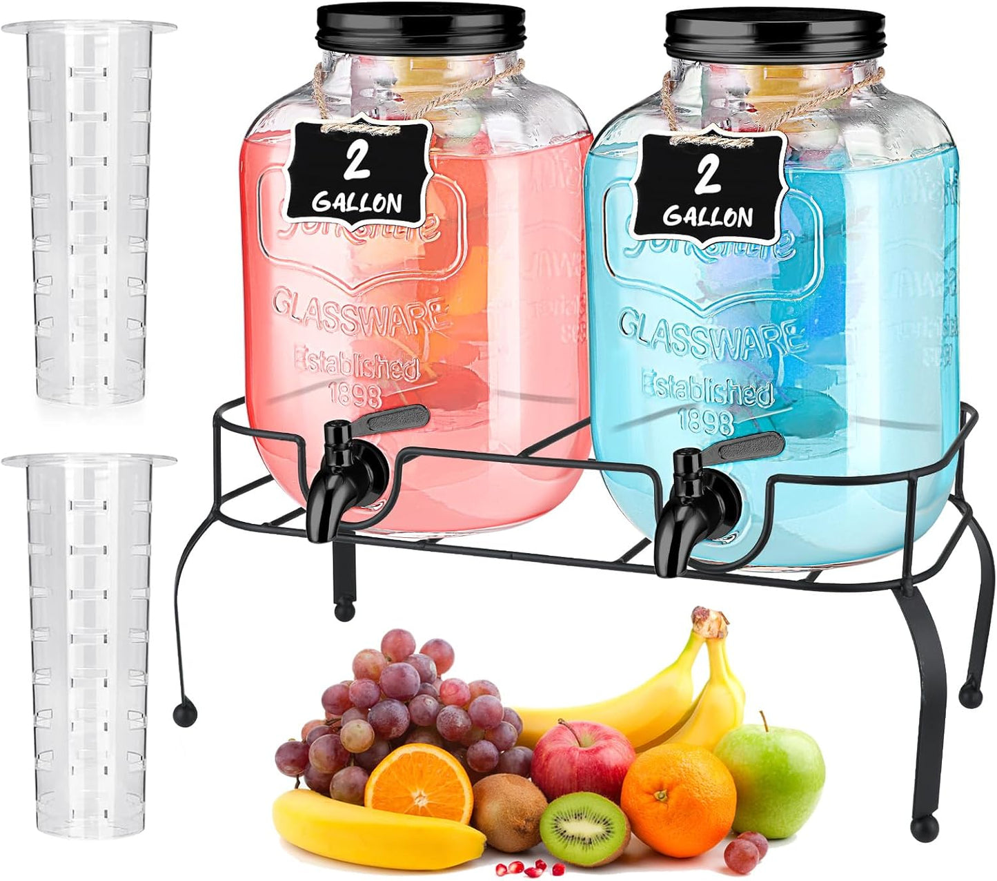 Lallisa 2 Pcs 2 Gallon Glass Drink Dispenser with Stand Ice Cylinder Hanging Chalkboard Signs 18/8 Stainless Steel Spigot Beverage Dispensers for Parties Mason Jar Drink Lemonade (Rose Gold)